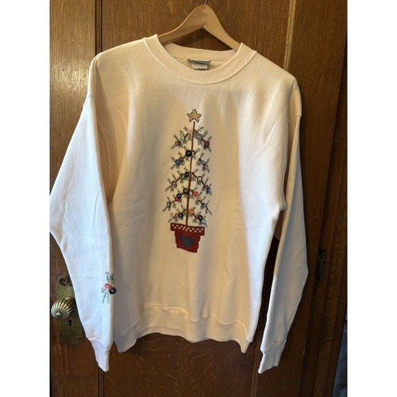 Vtg Womens Holiday L Christmas Sweatshirt Embroidered Christmas Tree Buttons USA - Picture 1 of 9